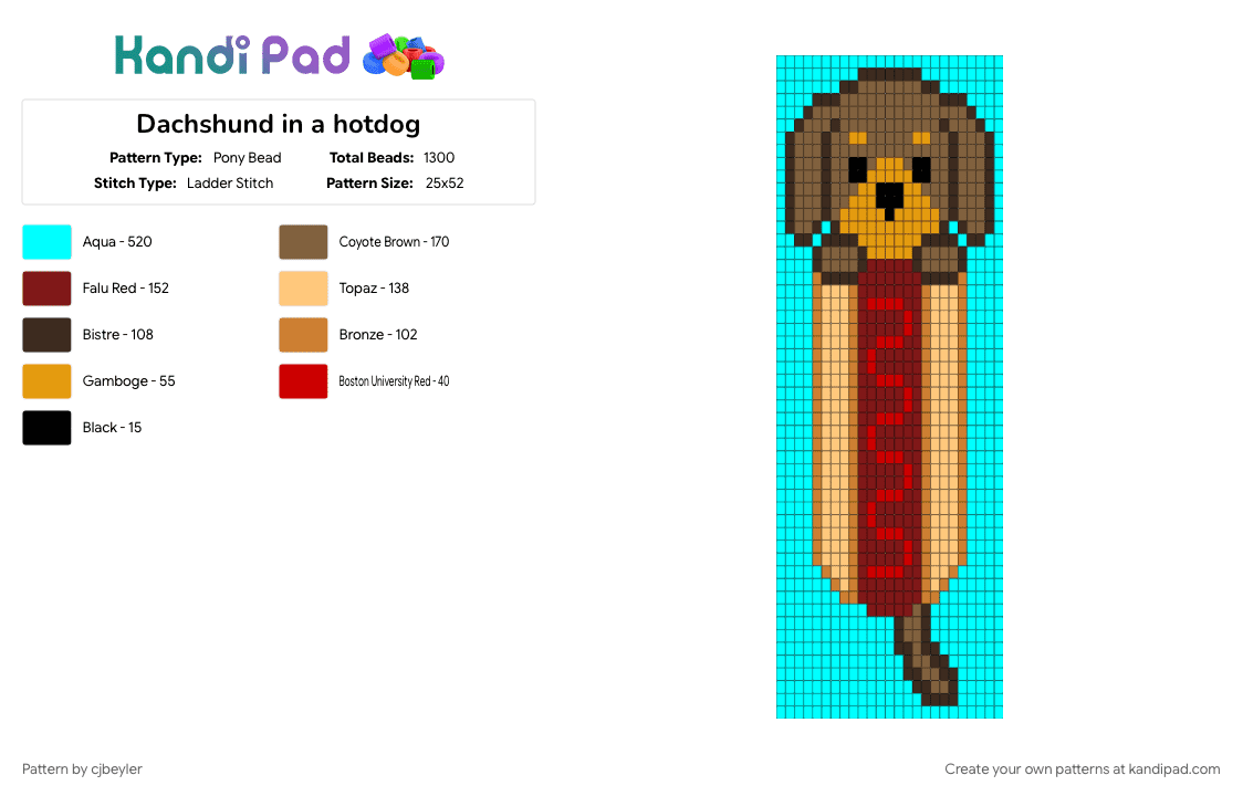 Dachshund in a hotdog - Pony Bead Pattern by cjbeyler on Kandi Pad - brown, light blue, orange