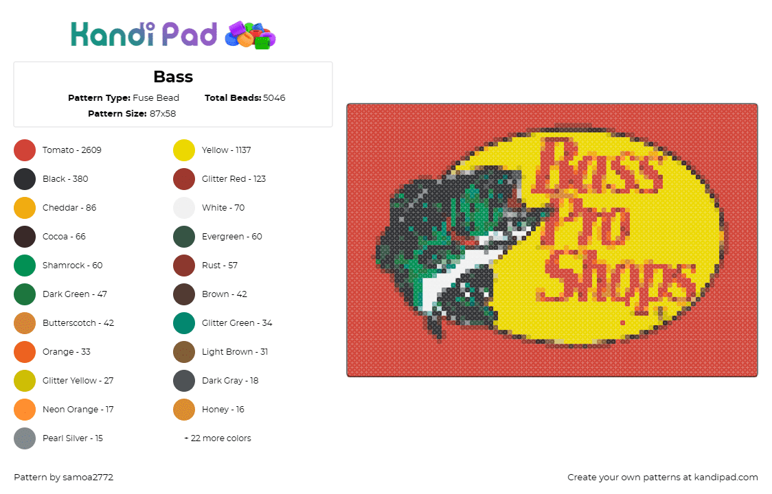 Bass - Fuse Bead Pattern by samoa2772 on Kandi Pad - bass pro shops,logo,sign,fish,nature,red,yellow,green