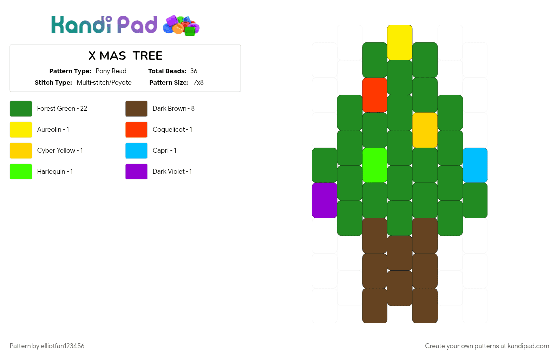 X MAS  TREE - Pony Bead Pattern by elliotfan123456 on Kandi Pad - brown, christmas, colorful, green, rainbow, tree, xmas