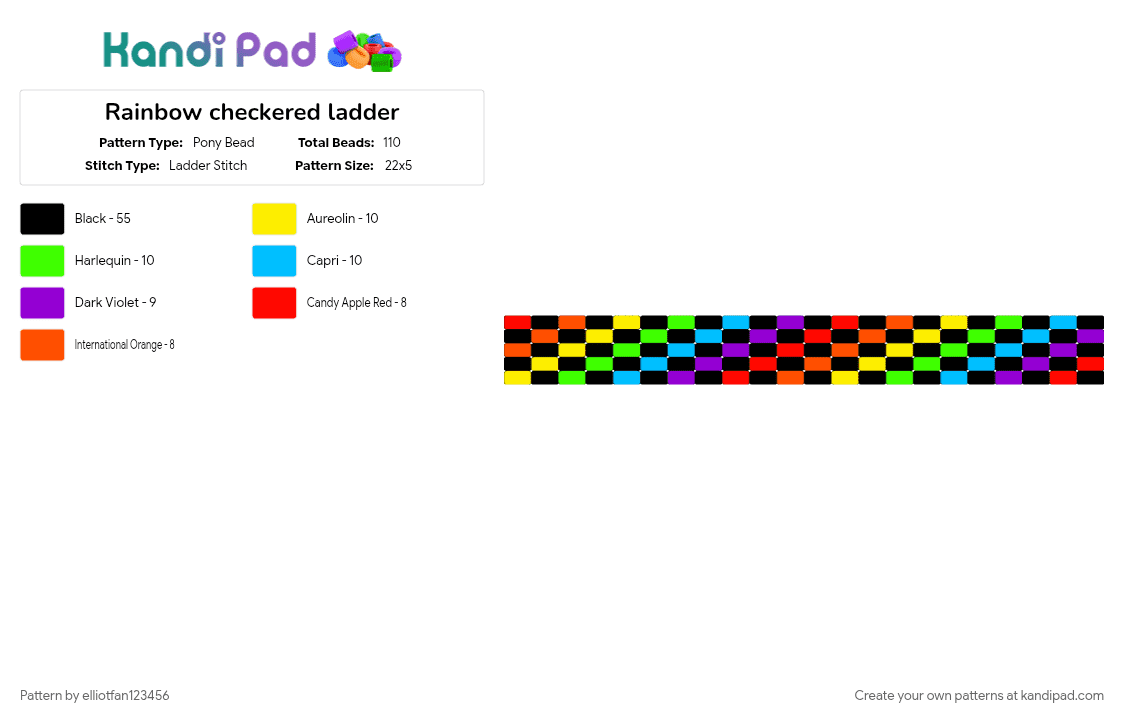 Rainbow checkered ladder - Pony Bead Pattern by elliotfan123456 on Kandi Pad - black, colorful, geometric, green, purple, rainbow
