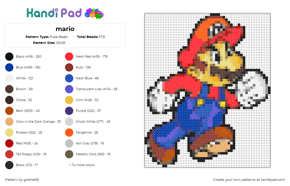 mario - Fuse Bead Pattern by grethe59 on Kandi Pad - mario,nintendo,character,video game,classic,red,blue