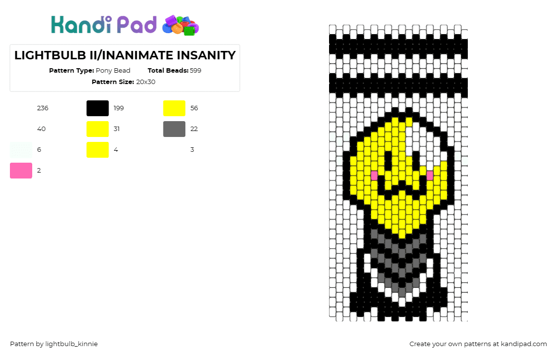 LIGHTBULB II/INANIMATE INSANITY - Pony Bead Pattern by lightbulb_kinnie on Kandi Pad - lightbulb,inanimate insanity,face,character,tv show,animation,yellow,white,black