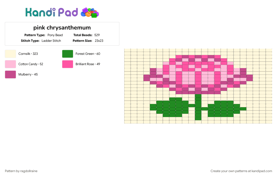 pink chrysanthemum - Pony Bead Pattern by ragdollraine on Kandi Pad - flower, flowers, green, nature, pink, white
