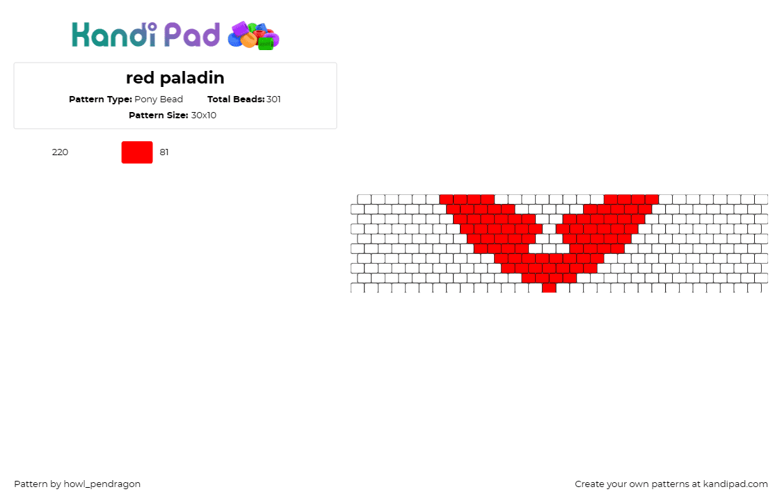 red paladin - Pony Bead Pattern by howl_pendragon on Kandi Pad - red paladin,cursed,symbol,tv show,simple,cuff,red,white