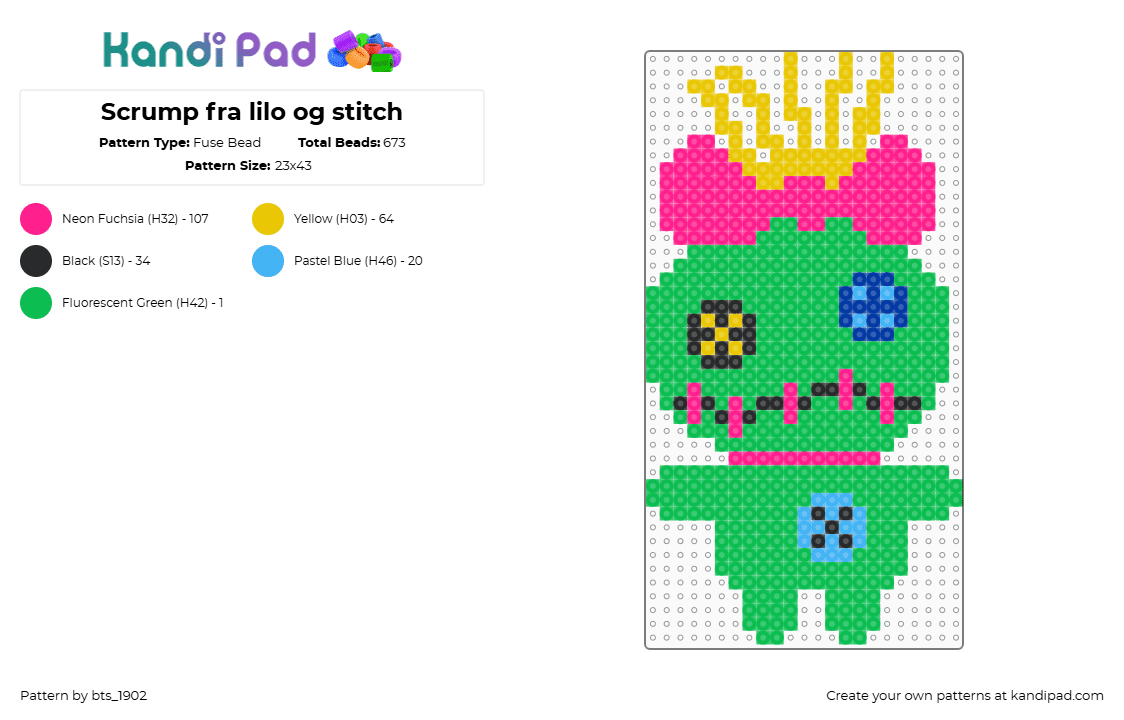 Scrump fra lilo og stitch - Fuse Bead Pattern by bts_1902 on Kandi Pad - green,pink