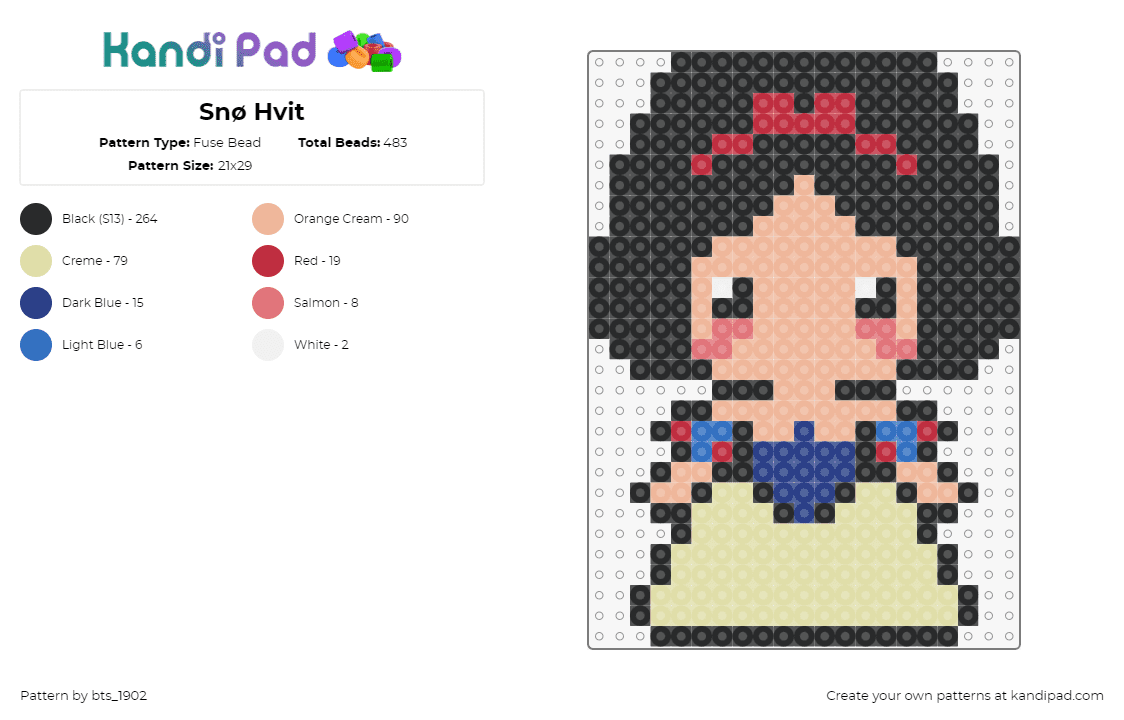 Snø Hvit - Fuse Bead Pattern by bts_1902 on Kandi Pad - snow white,princess,fairy tale,disney,chibi,classic,movie,character,dress,black,