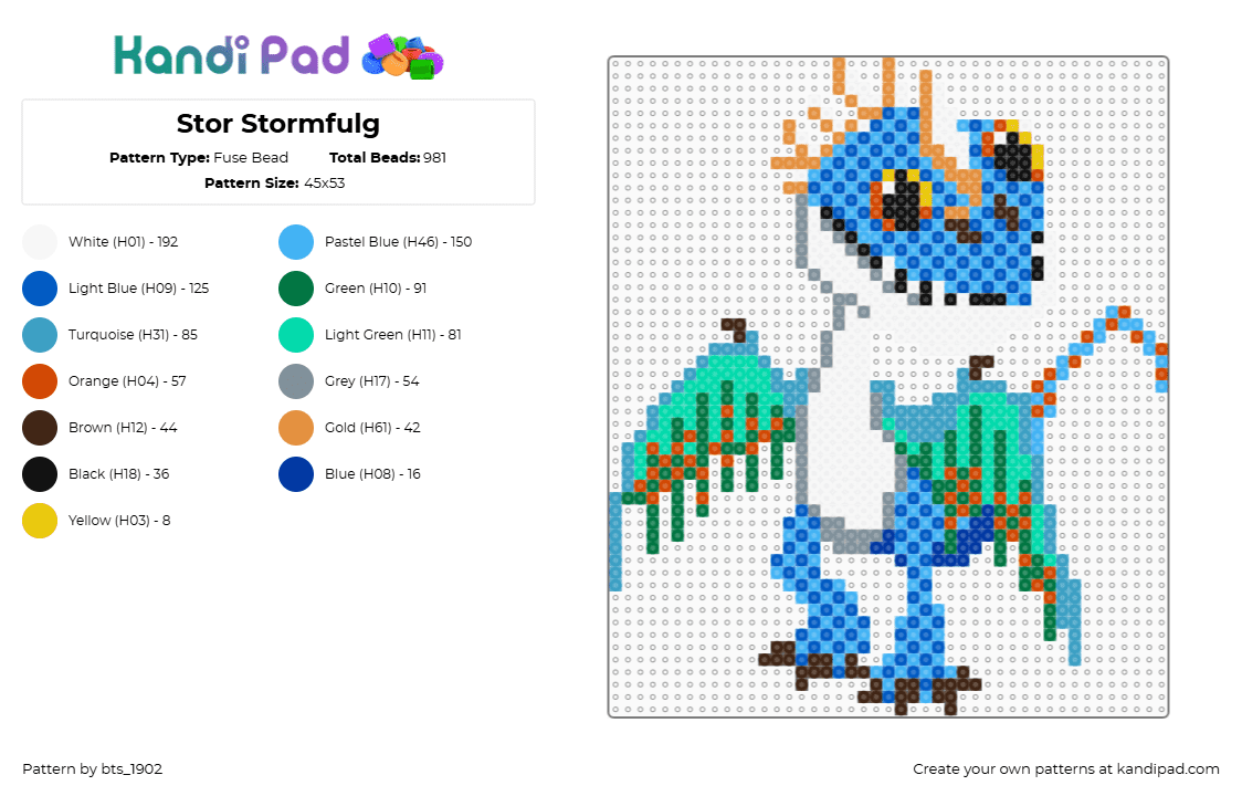 Stor Stormfulg - Fuse Bead Pattern by bts_1902 on Kandi Pad - light blue,green,teal,blue