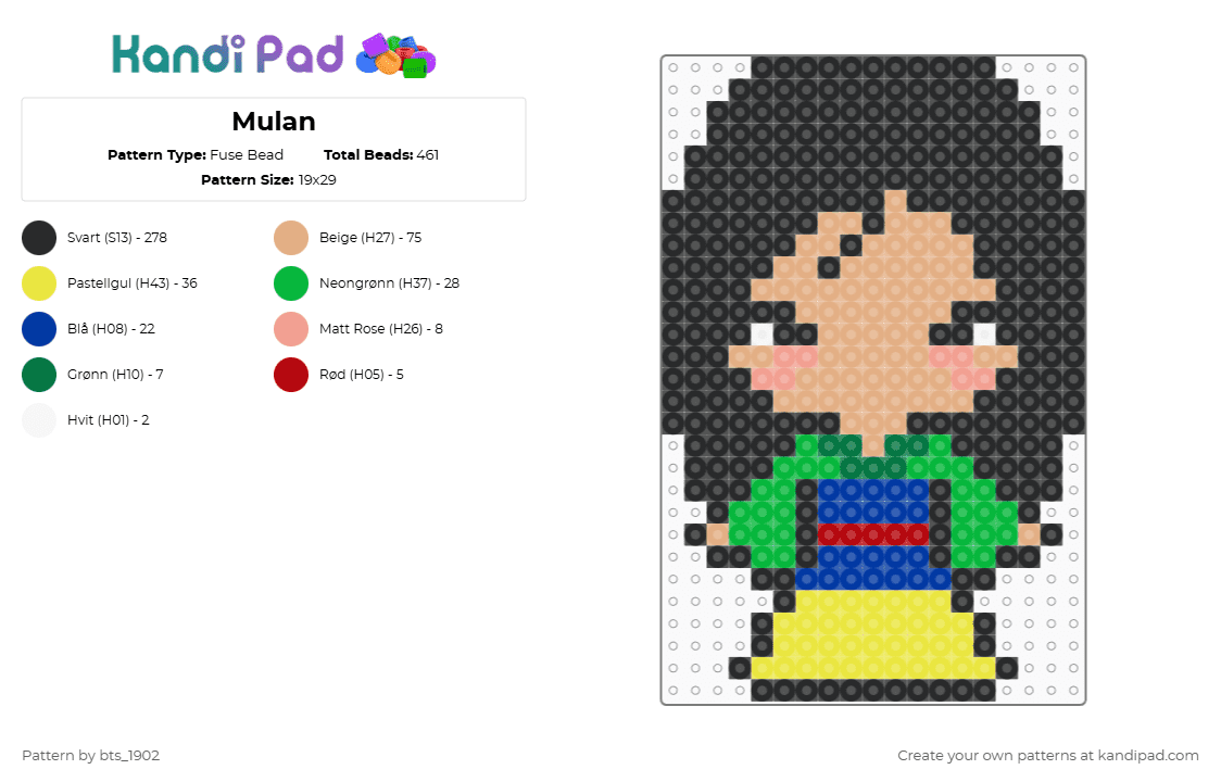 Mulan - Fuse Bead Pattern by bts_1902 on Kandi Pad - black,beige,yellow,green