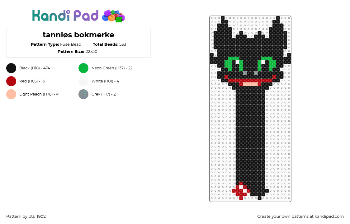 tannløs bokmerke - Fuse Bead Pattern by bts_1902 on Kandi Pad - black,red,green