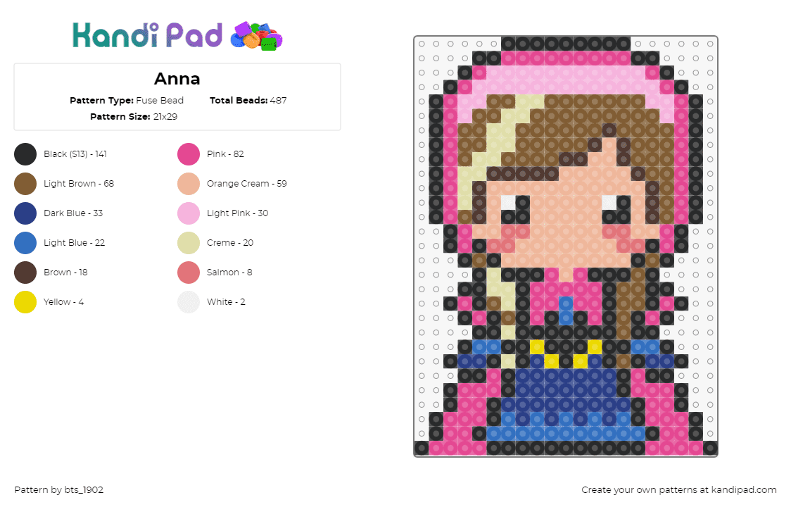 Anna - Fuse Bead Pattern by bts_1902 on Kandi Pad - anna,frozen,disney,movie,chibi,character,pink,blue