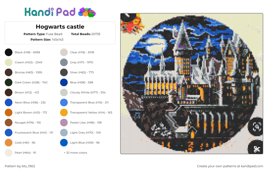 Hogwarts castle - Fuse Bead Pattern by bts_1902 on Kandi Pad - hogwarts,harry potter,castle,book,novel,movie,wizards,magic,school,spooky,orange,blue,gray