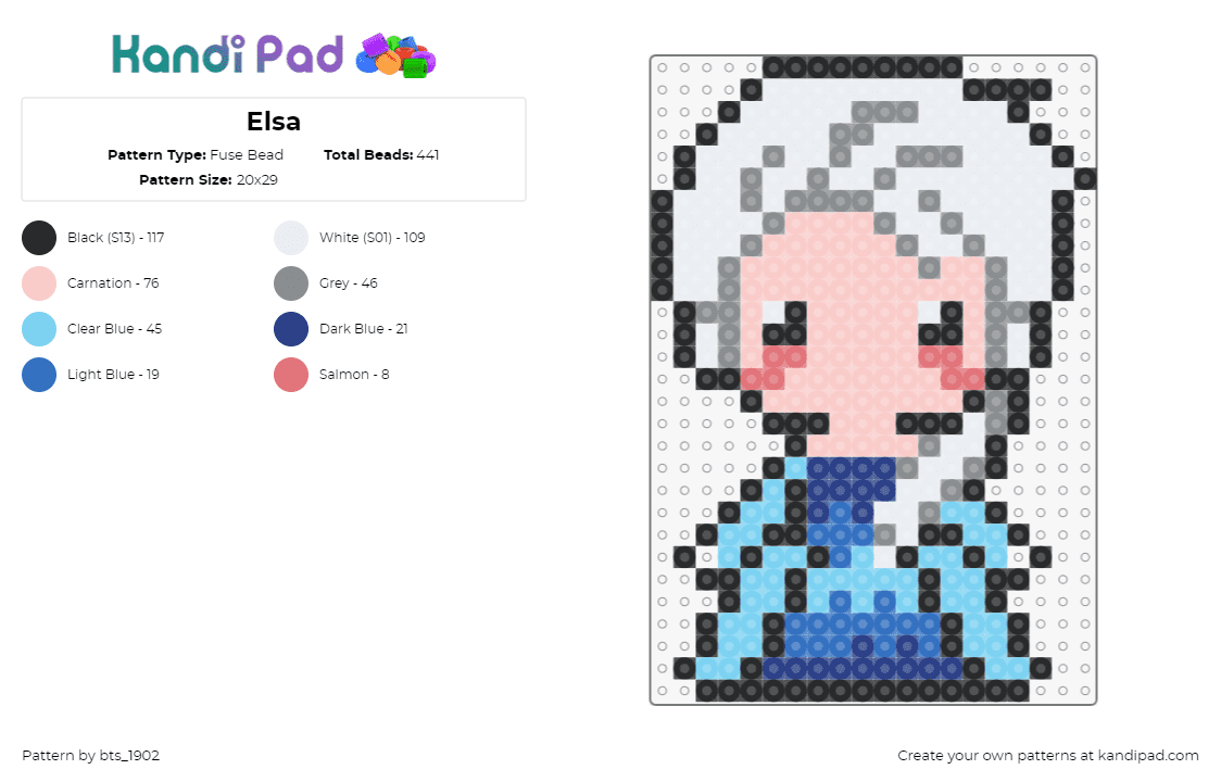 Elsa - Fuse Bead Pattern by bts_1902 on Kandi Pad - elsa,frozen,disney,princess,movie,chibi,character,blue,white,light blue,pink