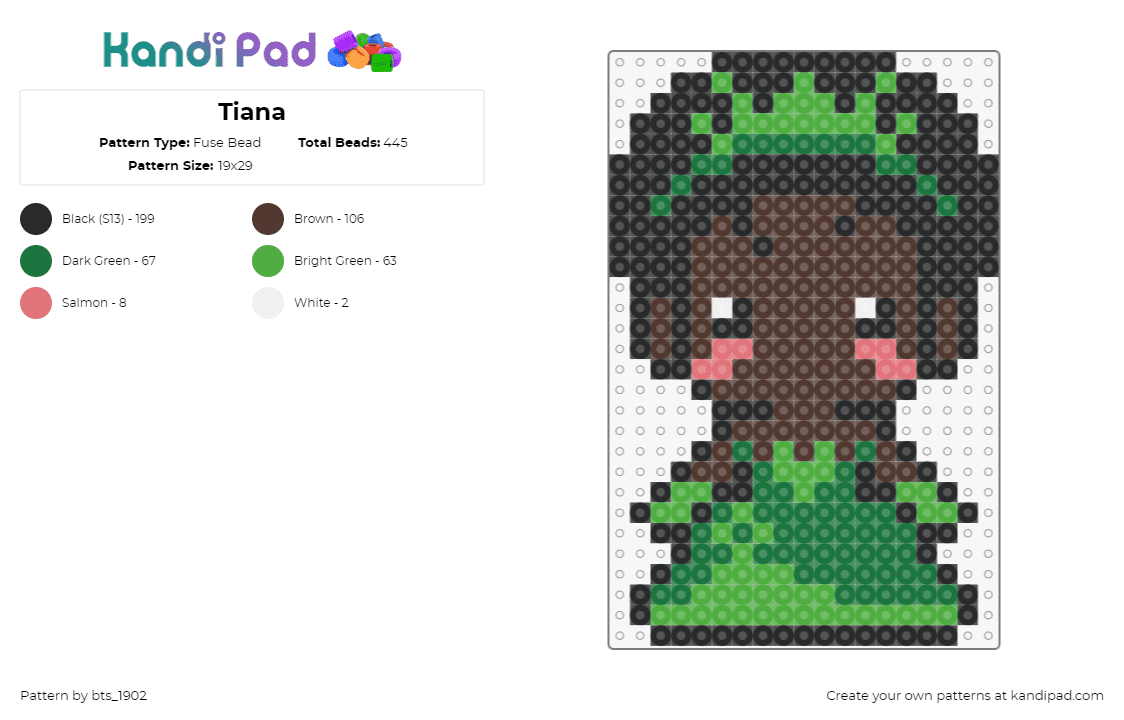 Tiana - Fuse Bead Pattern by bts_1902 on Kandi Pad - tiana,princess and the frog,disney,movie,chibi,character,green,brown