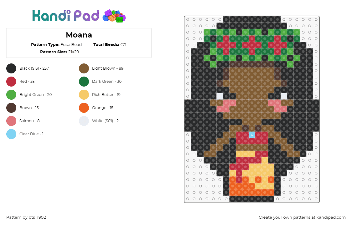 Moana - Fuse Bead Pattern by bts_1902 on Kandi Pad - moana,disney,princess,crown,chibi,movie,character,brown,orange,black,green