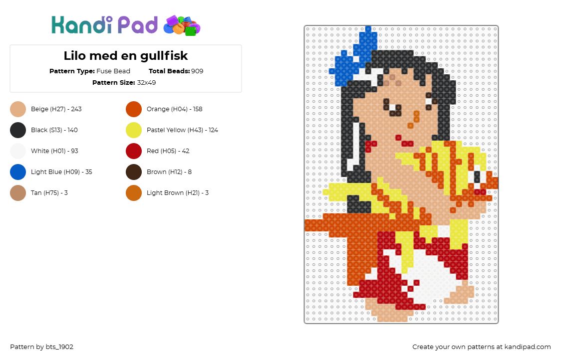 Lilo med en gullfisk - Fuse Bead Pattern by bts_1902 on Kandi Pad - beige,red,yellow