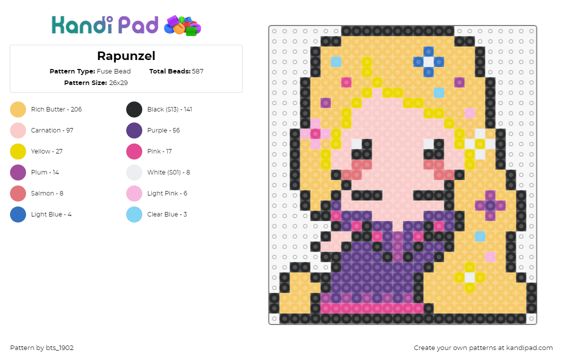 Rapunzel - Fuse Bead Pattern by bts_1902 on Kandi Pad - rapunzel,princess,character,blonde,chibi,dress,royal,fairy tale,purple,yellow,pi