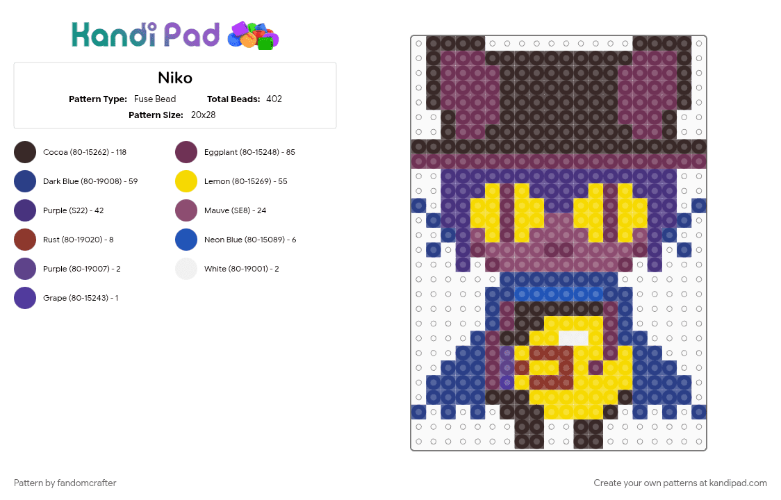Niko - Fuse Bead Pattern by fandomcrafter on Kandi Pad - blue, brown, niko, oneshot, pink