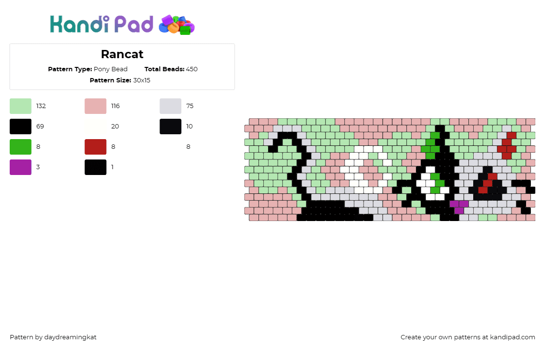 Rancat - Pony Bead Pattern by daydreamingkat on Kandi Pad - rancat,ranboo,streamer,cat,animal,pastel,cuff,pink,green,gray,black