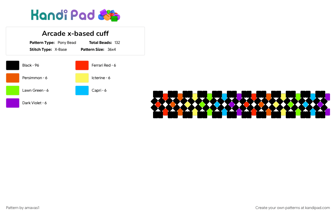 Arcade x-based cuff - Pony Bead Pattern by amavas1 on Kandi Pad - arcade, black, classic, colorful, green, orange, purple, retro
