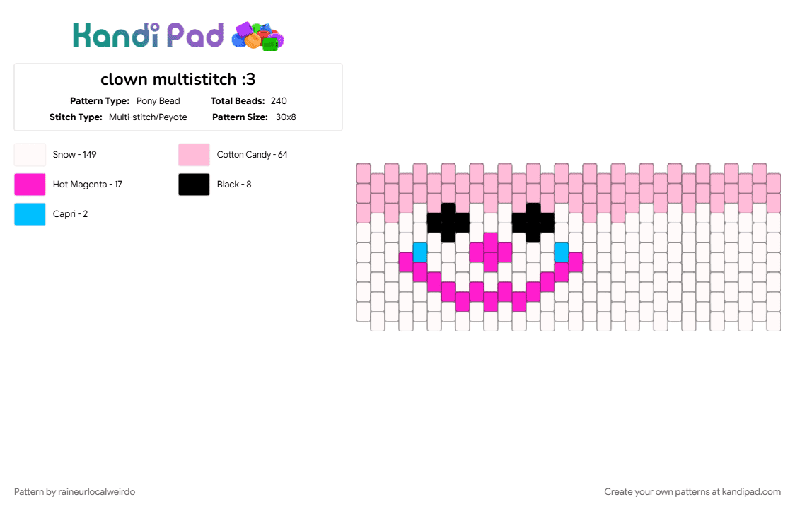 clown multistitch :3 - Pony Bead Pattern by raineurlocalweirdo on Kandi Pad - clown, cotdcircuses, creepy cute, pink, white