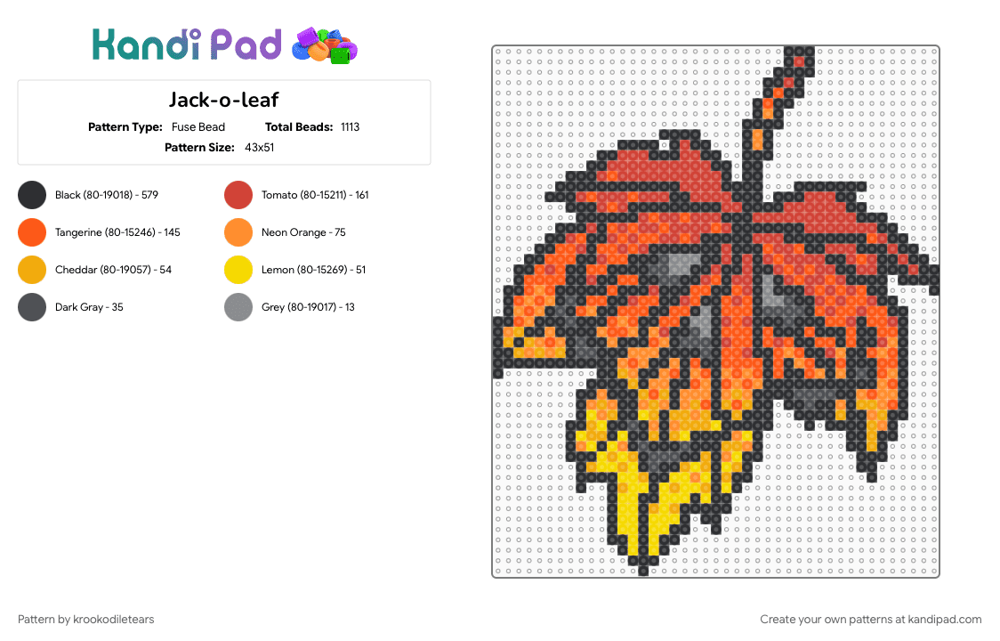 Jack-o-leaf - Fuse Bead Pattern by krookodiletears on Kandi Pad - black, fall, halloween, jackolantern, leaf, orange, red, spooky