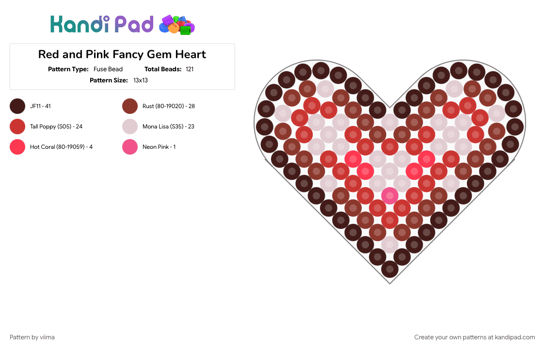 Red and Pink Fancy Gem Heart - Fuse Bead Pattern by viima on Kandi Pad - 