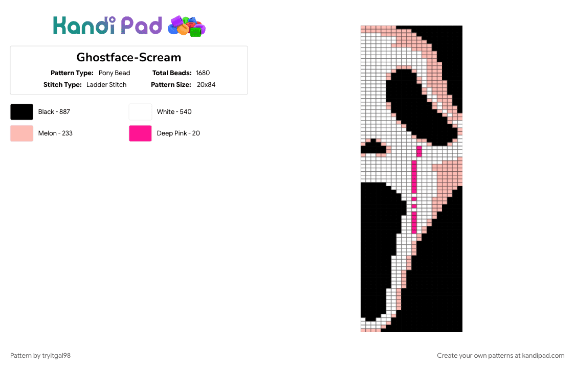 Ghostface-Scream - Pony Bead Pattern by tryitgal98 on Kandi Pad - beige, character, ghostface, halloween, scream, white