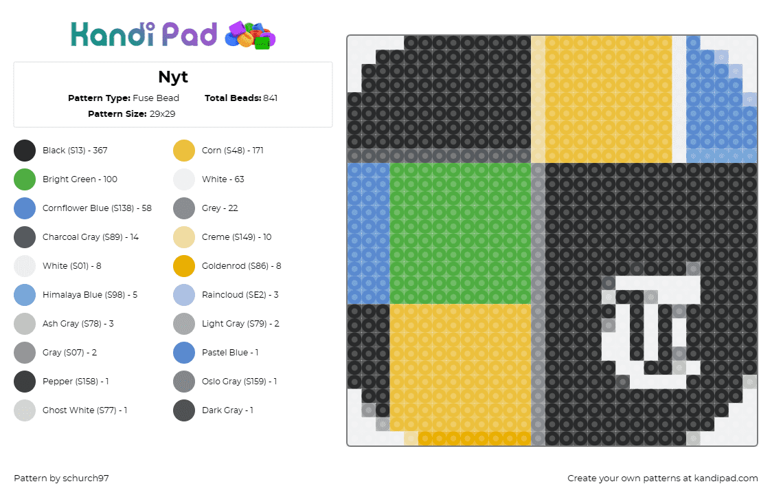 Nyt - Fuse Bead Pattern by schurch97 on Kandi Pad - new york times,logo,app,geometric,colorful,black,yellow,green