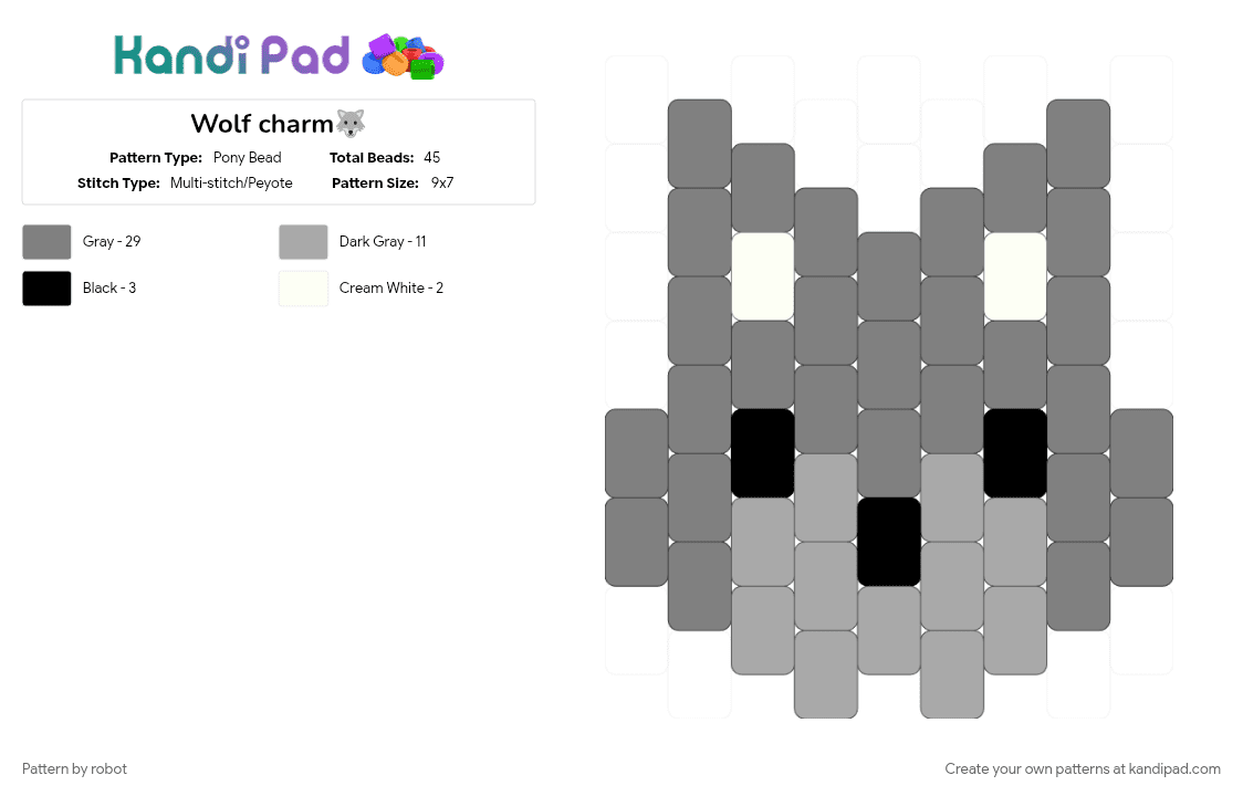 Wolf charm🐺 - Pony Bead Pattern by robot on Kandi Pad - beige, cotdwolves, gray, keychains, wolf