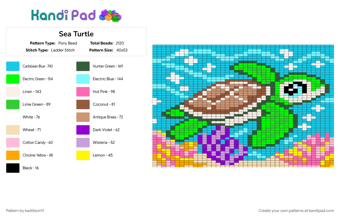 Sea Turtle - Pony Bead Pattern by kaddison11 on Kandi Pad - green, light blue, pink