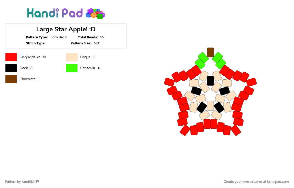 Large Star Apple! :D - Pony Bead Pattern by kandifish39 on Kandi Pad - apple, beige, cotdsuperfoods, plur, red, star