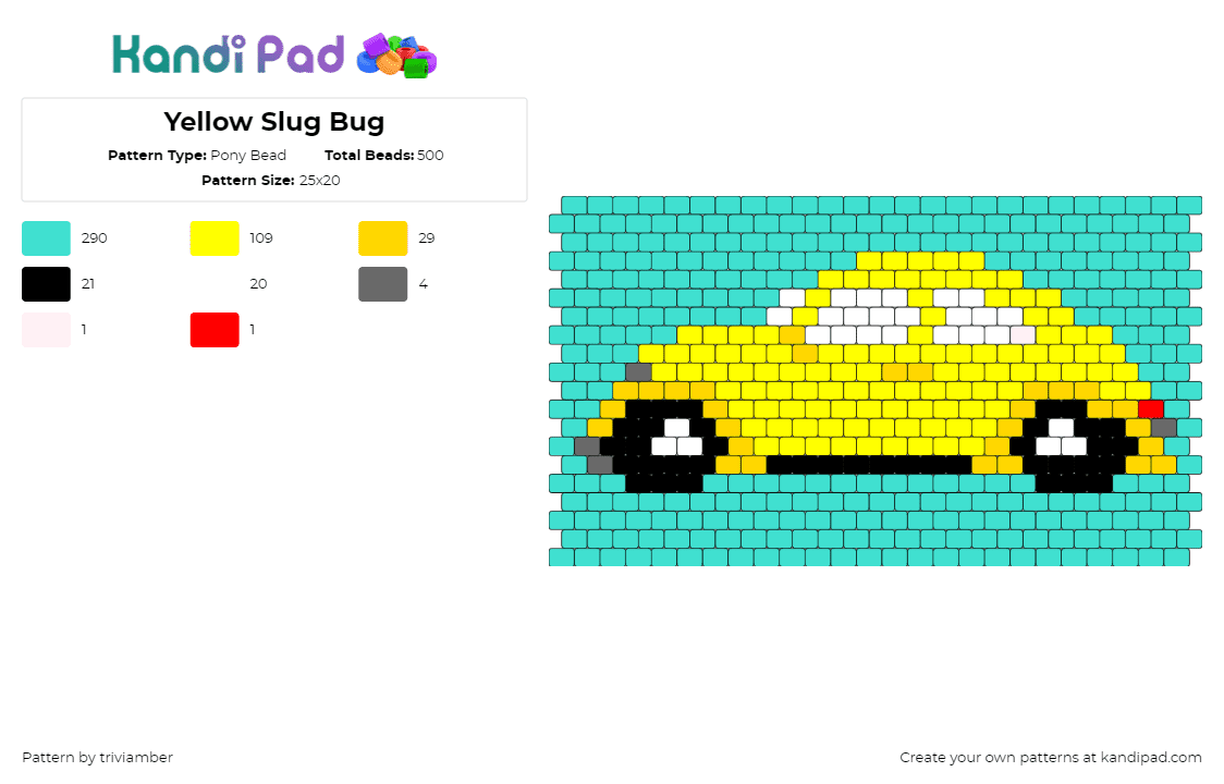 Yellow Slug Bug - Pony Bead Pattern by triviamber on Kandi Pad - beetle,volkswagen,bug,car,vehicle,automobile,teal,yellow