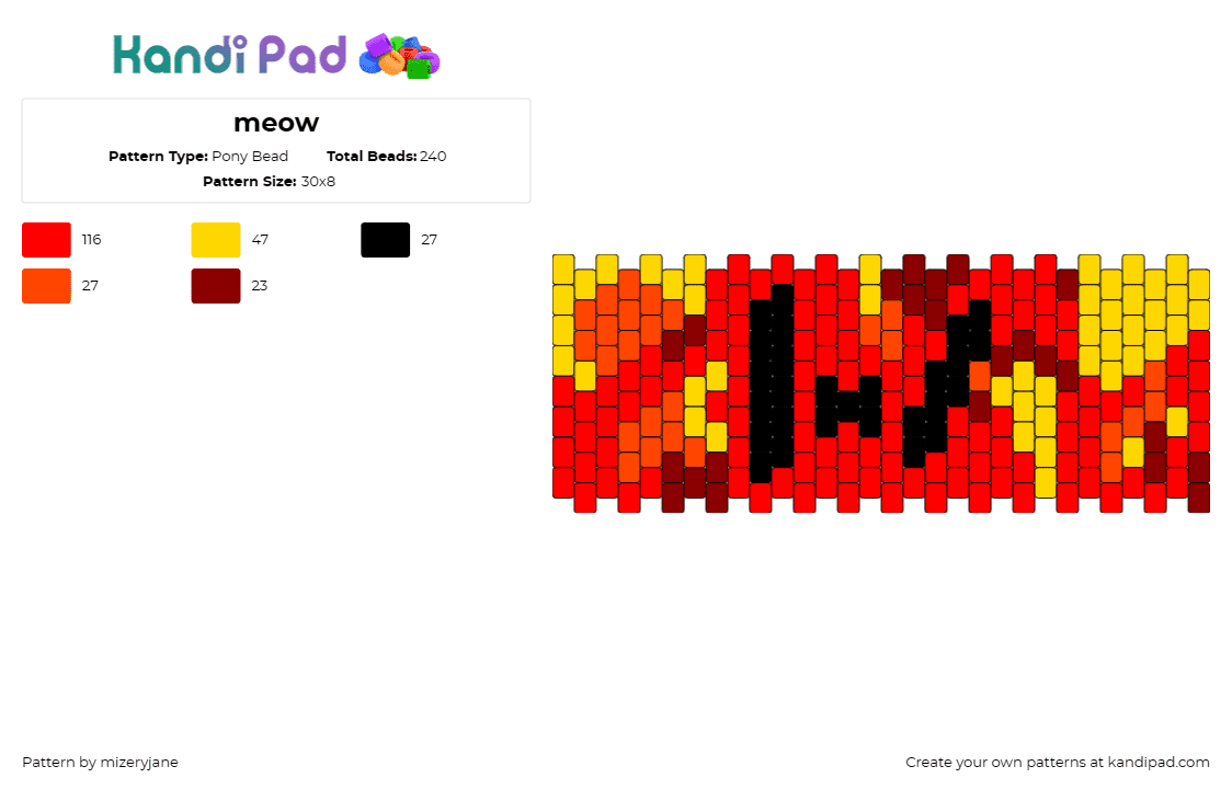 meow - Pony Bead Pattern by mizeryjane on Kandi Pad - clancy,twenty one pilots,album,cuff,fiery,orange,red