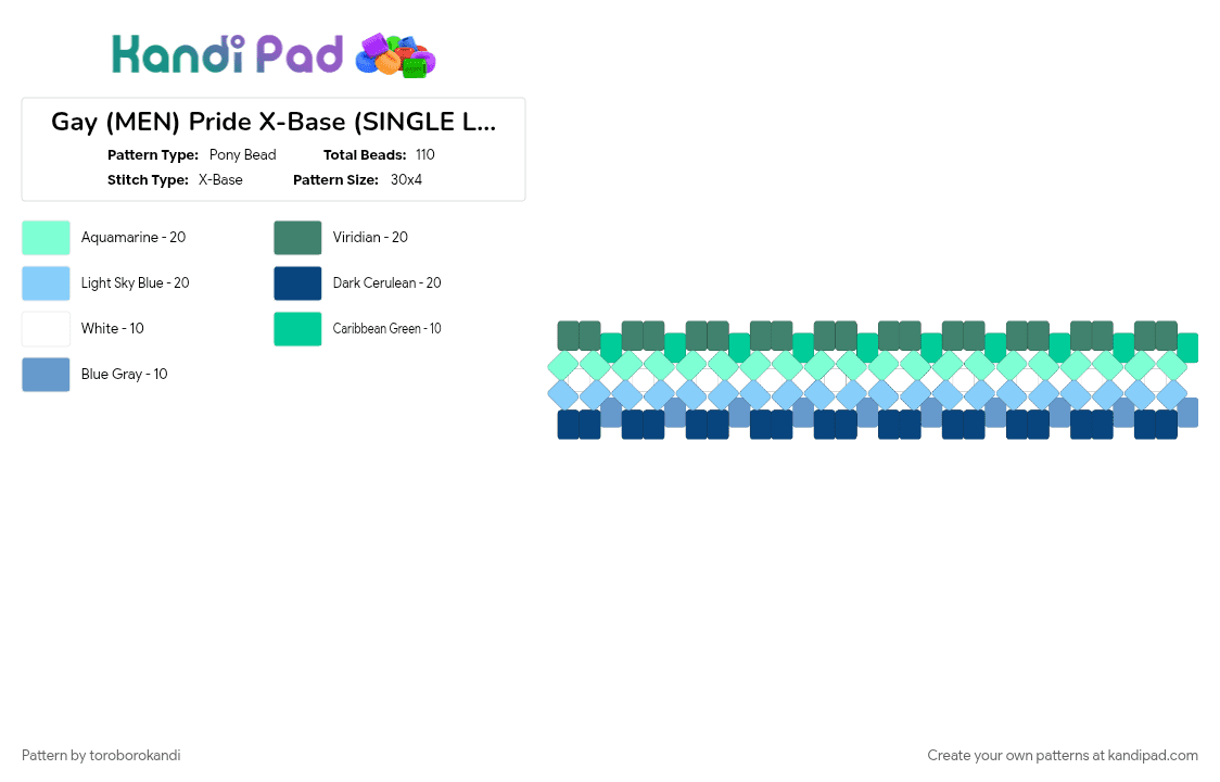 Gay (MEN) Pride X-Base (SINGLE LAYER) - Pony Bead Pattern by toroborokandi on Kandi Pad - teal