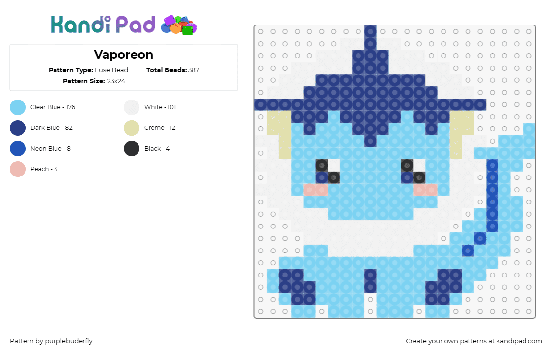 Vaporeon - Fuse Bead Pattern by purplebuderfly on Kandi Pad - pokemon,vaporeon,anime,cute,tv shows