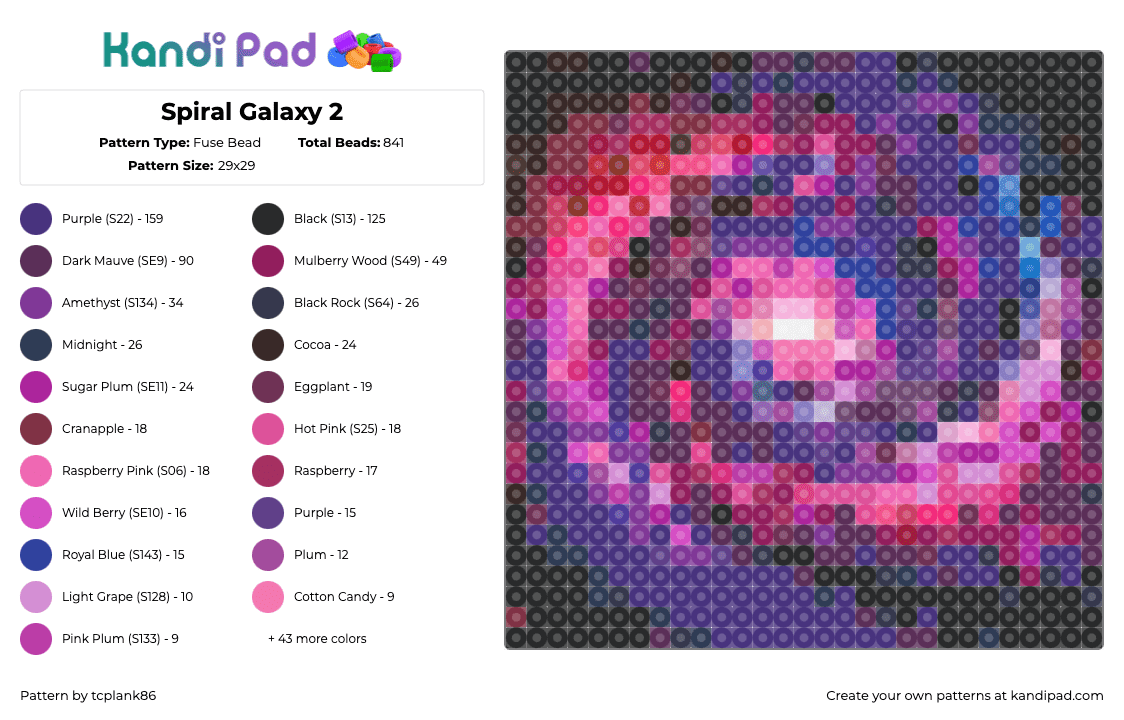 Spiral Galaxy 2 - Fuse Bead Pattern by tcplank86 on Kandi Pad - galaxy,space,swirl,cosmic,scifi,dark,pink,purple