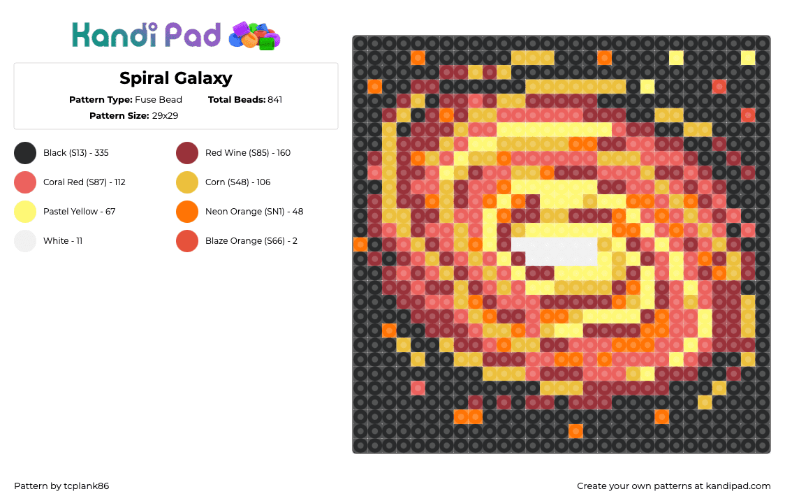 Spiral Galaxy - Fuse Bead Pattern by tcplank86 on Kandi Pad - galaxy,space,swirl,cosmic,scifi,bright,dark,yellow,orange,red,black