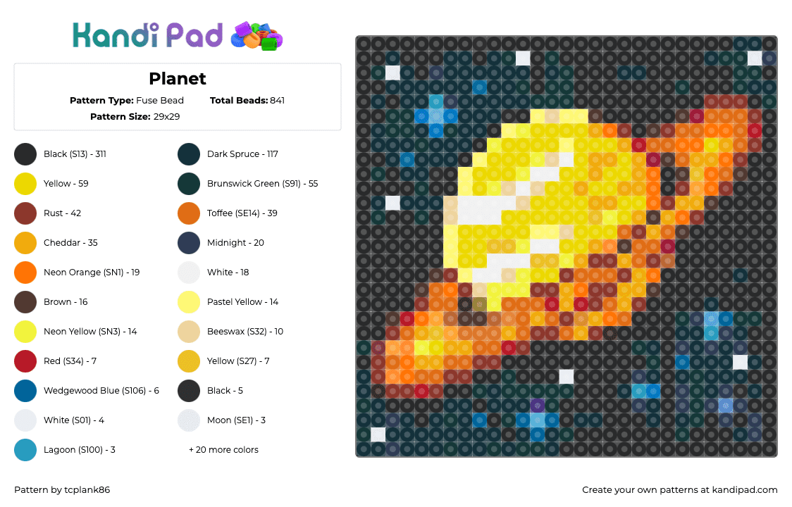 Planet - Fuse Bead Pattern by tcplank86 on Kandi Pad - saturn,planet,rings,space,orbit,panel,black,yellow,orange