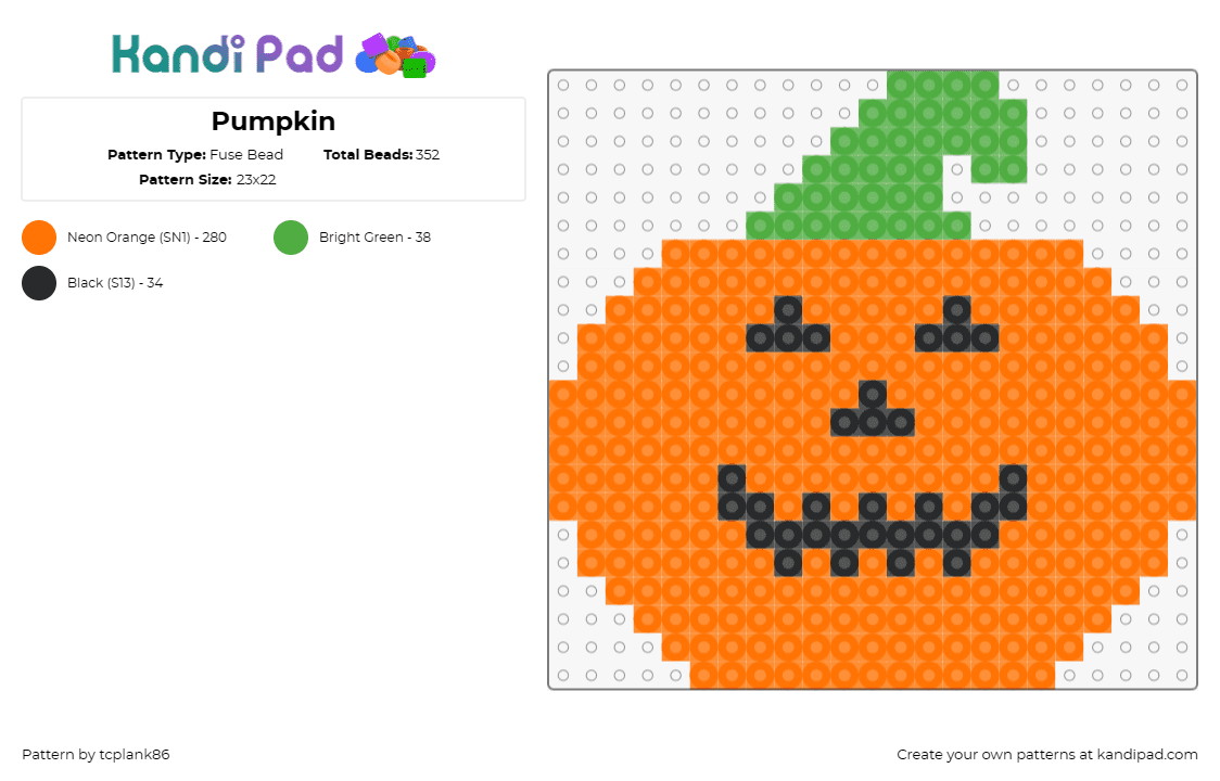 Pumpkin - Fuse Bead Pattern by tcplank86 on Kandi Pad - pumpkin,jackolantern,halloween,face,smile,fall,autumn,orange,green