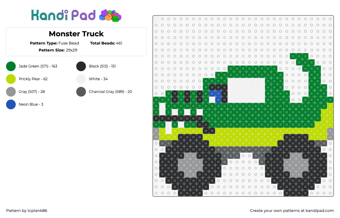 Monster Truck - Fuse Bead Pattern by tcplank86 on Kandi Pad - monster truck,car,vehicle,alligator,automobile,green,black