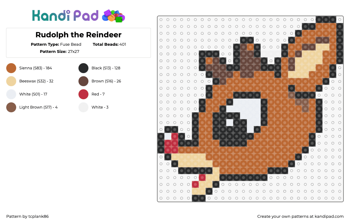 Rudolph the Reindeer - Fuse Bead Pattern by tcplank86 on Kandi Pad - rudolph,reindeer,santa,christmas,head,animal,festive,character,tan,brown