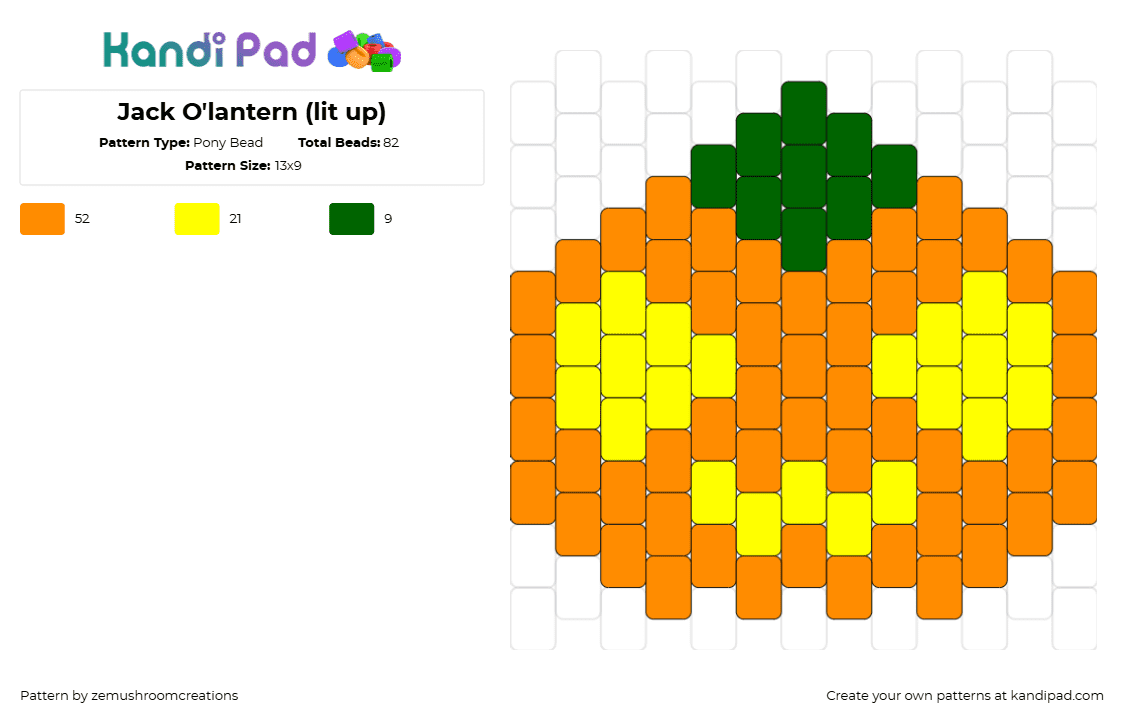 Jack O\'lantern (lit up) - Pony Bead Pattern by zemushroomcreations on Kandi Pad - jackolantern,pumpkin,face,spooky,festive,halloween,cute,orange,yellow