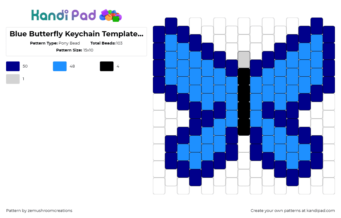 Blue Butterfly Keychain Template (Gray bead is to put jump ring) - Pony Bead Pattern by zemushroomcreations on Kandi Pad - butterfly,insect,winged,simple,blue