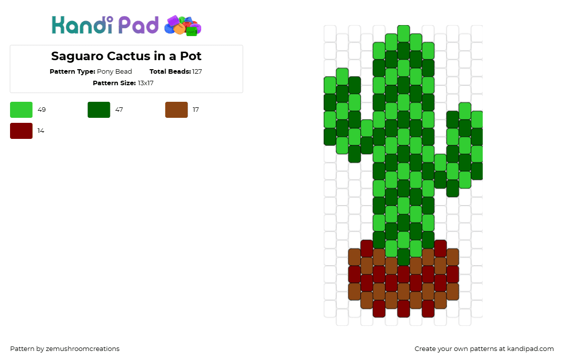 Saguaro Cactus in a Pot - Pony Bead Pattern by zemushroomcreations on Kandi Pad - cactus,desert,plant,pot,stripes,green,brown