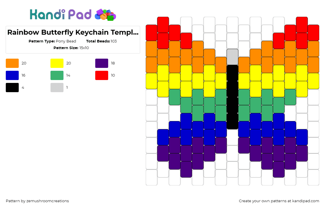 Rainbow Butterfly Keychain Template (Gray bead is to put jump ring) - Pony Bead Pattern by zemushroomcreations on Kandi Pad - butterfly,insect,winged,simple,rainbow