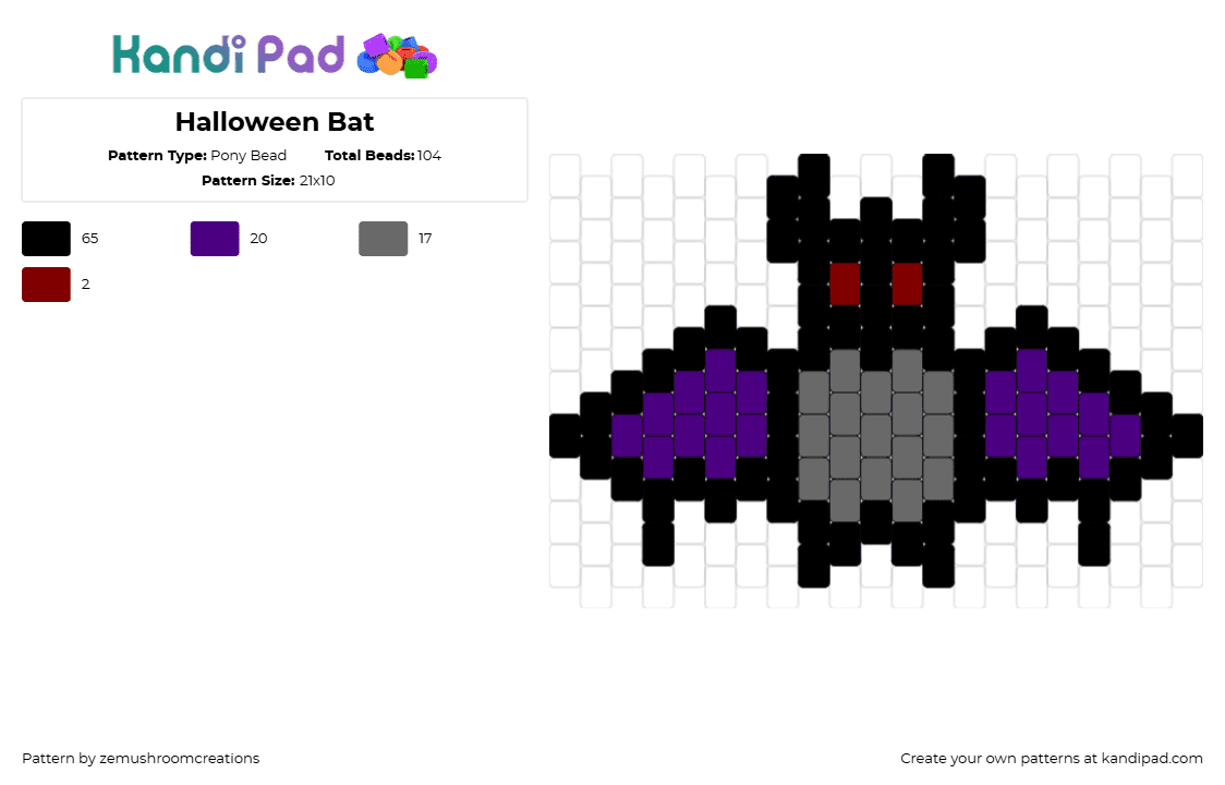 Halloween Bat - Pony Bead Pattern by zemushroomcreations on Kandi Pad - bat,animal,spooky,halloween,gray,purple,black