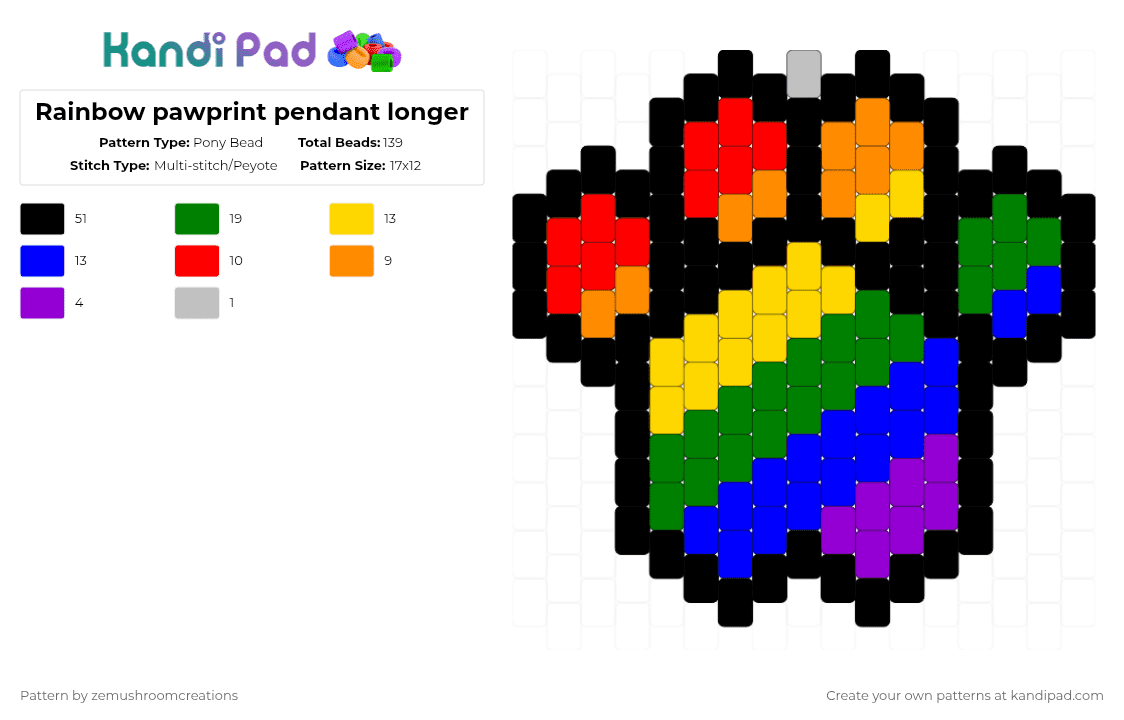 Rainbow pawprint pendant longer - Pony Bead Pattern by zemushroomcreations on Kandi Pad - black,purple,green,yellow