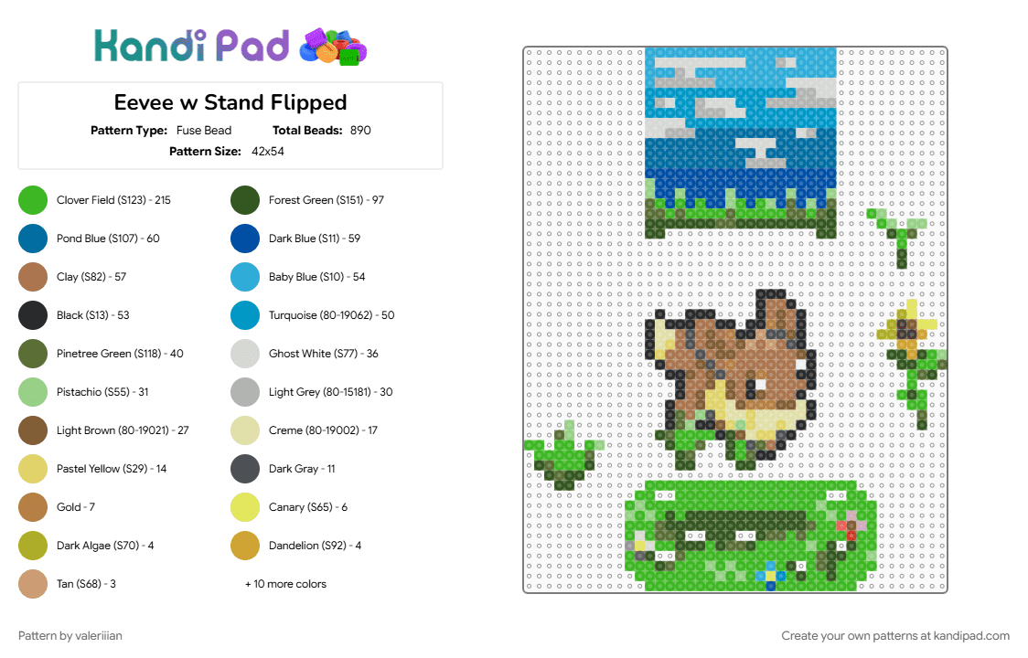 Eevee w Stand Flipped - Fuse Bead Pattern by valeriiian on Kandi Pad - blue, colorful, gold, green, light blue