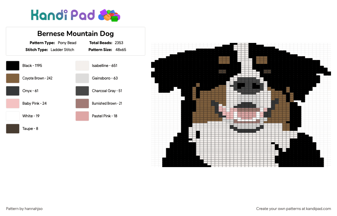 Bernese Mountain Dog - Pony Bead Pattern by hannahjso on Kandi Pad - black, tan, white