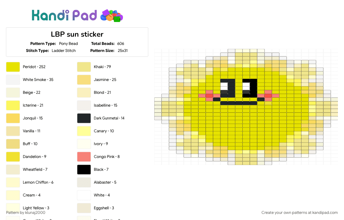 LBP sun sticker - Pony Bead Pattern by klunaj2000 on Kandi Pad - yellow